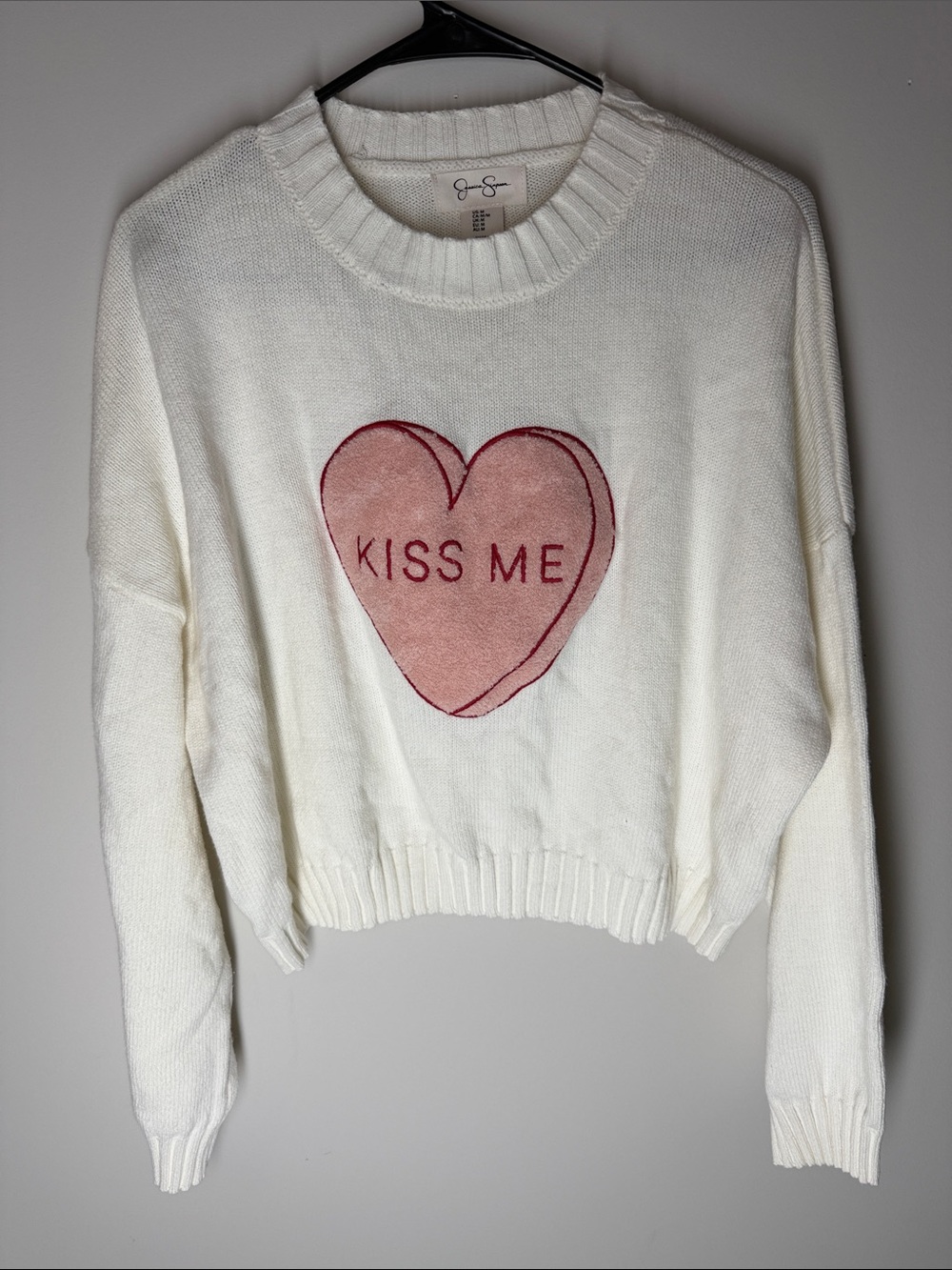 Jessica Simpson Cream Crewneck Sweater with Pink Heart Graphic